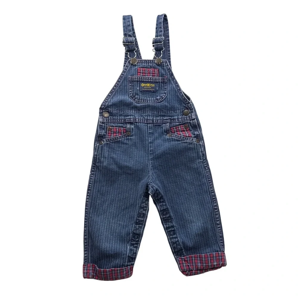 OshKosh B'gosh Denim Overalls Kids 2T Blue Excellent Plaid Lined